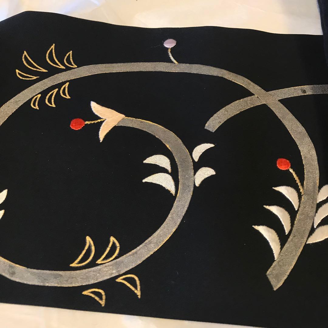 銀座越後屋　塩瀬　九寸名古屋帯 植物模様 刺繍　黒地