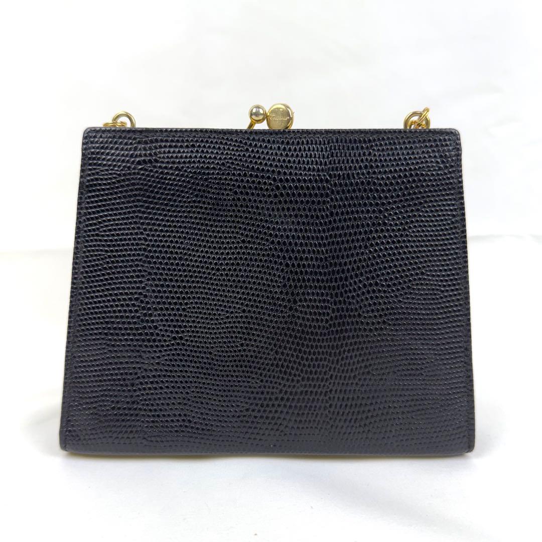 美品✨フェラガモ ショルダーバッグ ヴァラリボン リザード がま口 ゴールド 黒