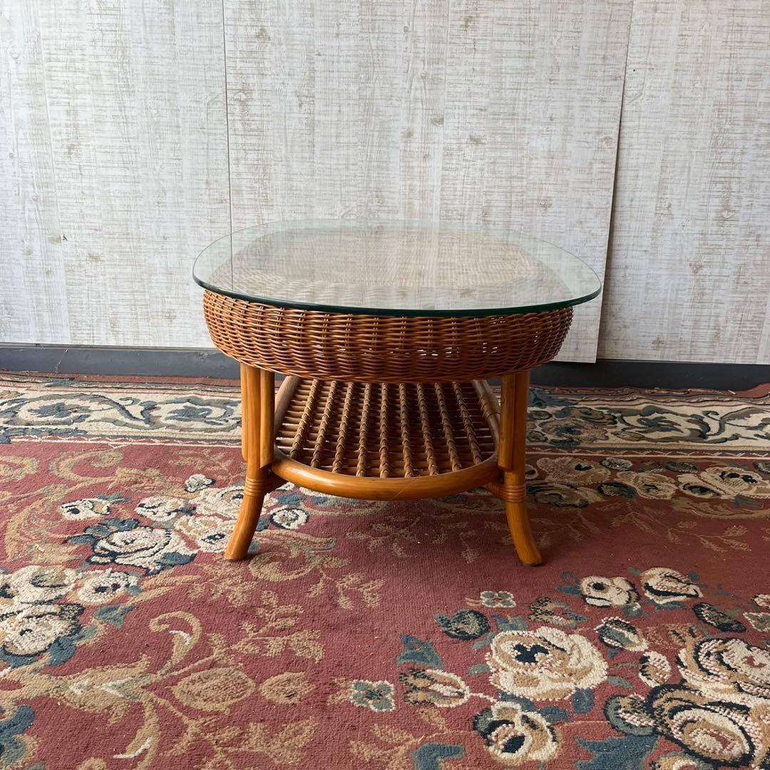 昭和レトロ ヴィンテージ 大型 ラタンオーバルテーブル センターテーブル 楕円形