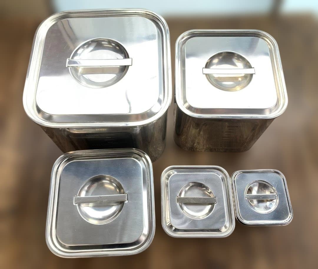 ユキワ 18-8ステンレス 角深型キッチンポット 5個セット 手・目盛・蓋付 ①