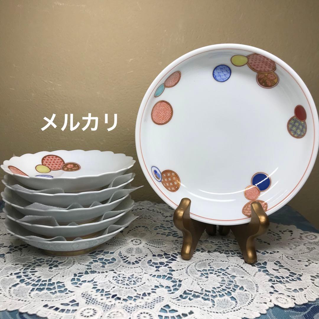 深川製磁　赤絵丸紋　銘々皿　5枚1セット(木箱入り)　＆　丸鉢　１客　ひなまつり
