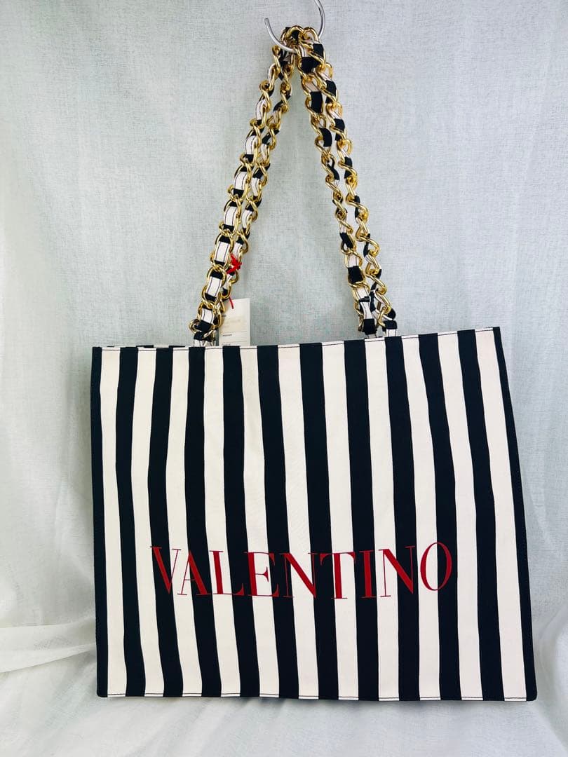 VALENTINOトートバッグ ストライプ チェーンハンドル ブラック×ホワイト