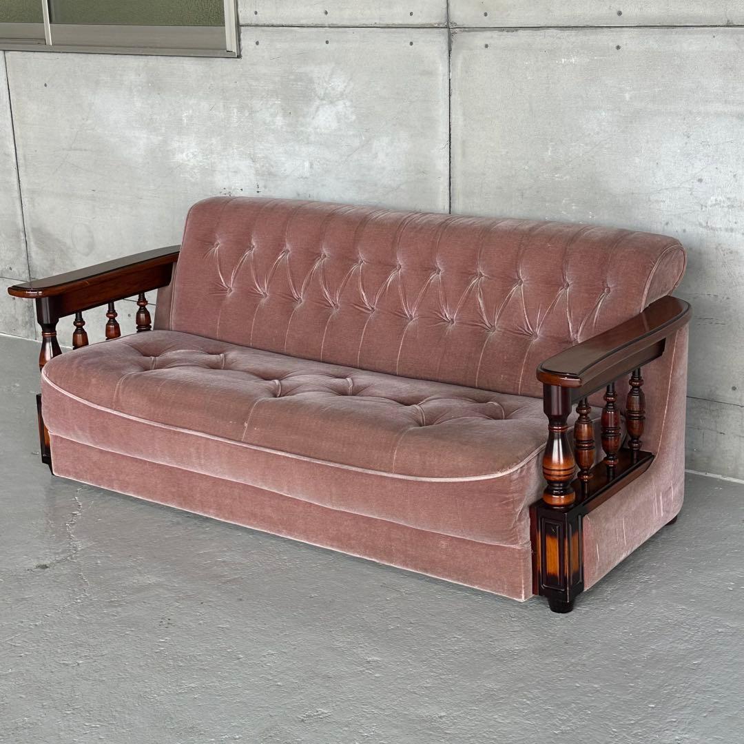 ✦80s✦ 昭和レトロ 三人掛けソファー ベロア生地 木製アーム アンティーク
