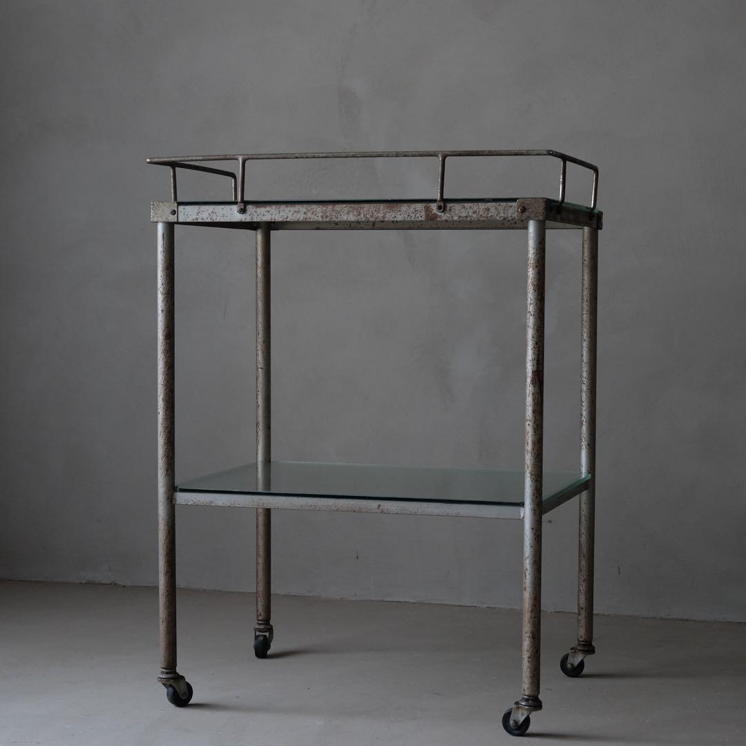 古いガラストップワゴン　棚 シェルフ 収納 古家具 古道具 アンティーク レトロ