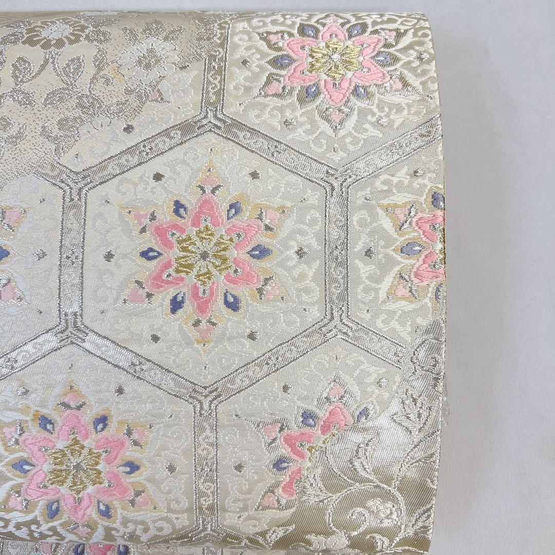 袋帯　正絹　銀糸　亀甲　華紋　唐花模様　檜垣　道長取り　着物　054t