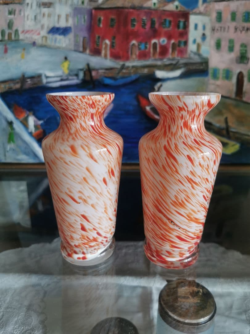 アンティーク ヴェネチアンガラス ブラッドオレンジ＆ホワイト 工房物ペアベース