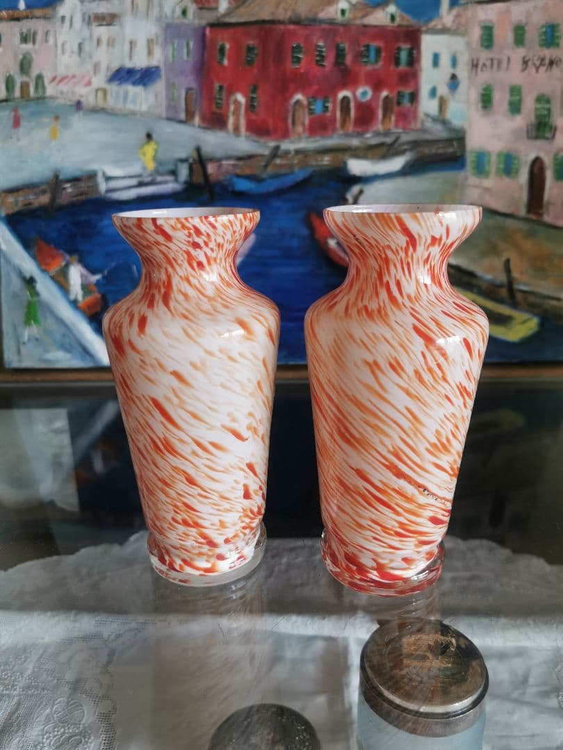 アンティーク ヴェネチアンガラス ブラッドオレンジ＆ホワイト 工房物ペアベース
