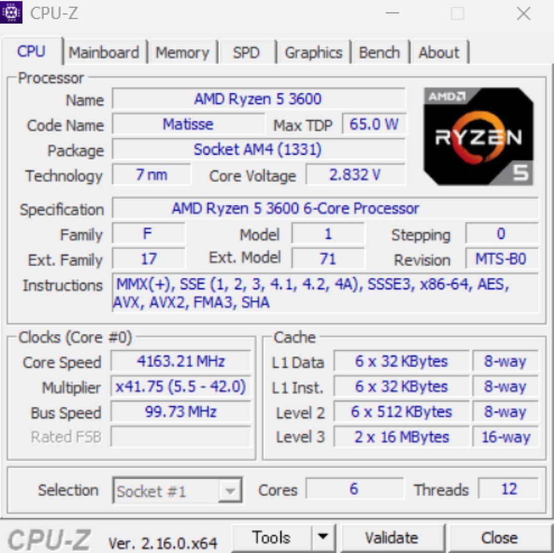 AMD Ryzen 5 3600+クーラーセット(動作品・箱なし)