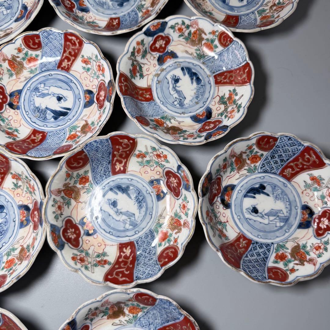 古伊万里　色絵祥瑞金獅子文様小皿　冨貴長春　裏唐草文　18客　共箱　古陶を楽しむ