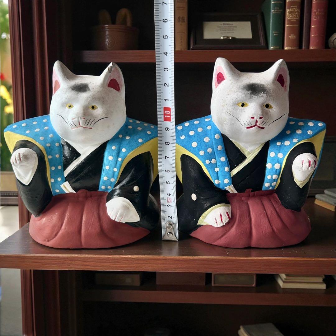 古玩 大阪府 郷土玩具 住吉大社 初辰猫 土人形 中猫×2 一対 縁起物 招き猫
