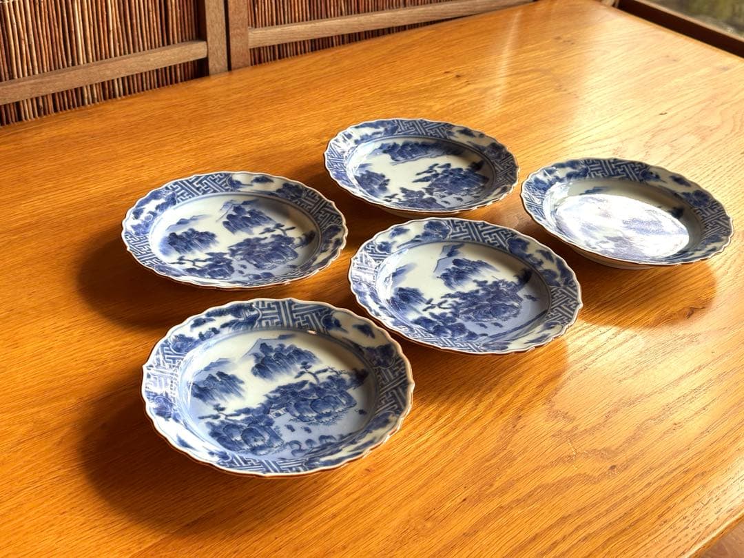古伊万里　祥瑞　呉須　染付　山水人物紋　向付　5客セット　中皿　銘々皿