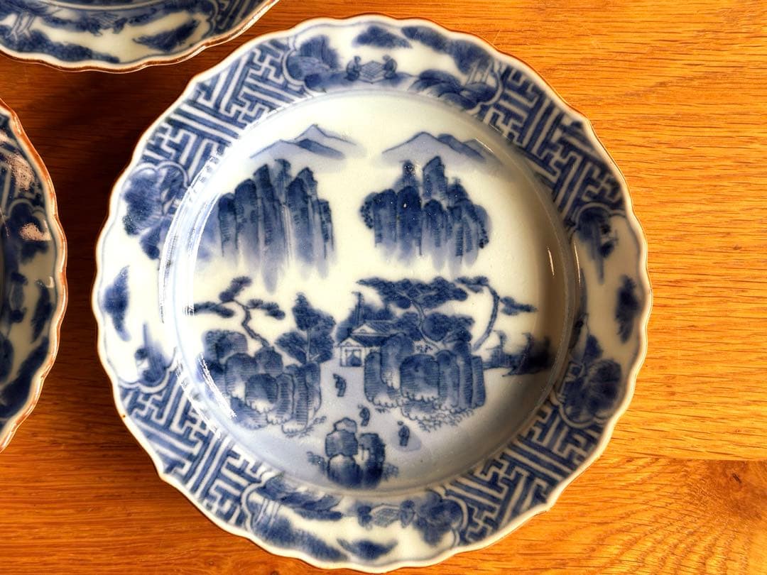 古伊万里　祥瑞　呉須　染付　山水人物紋　向付　5客セット　中皿　銘々皿