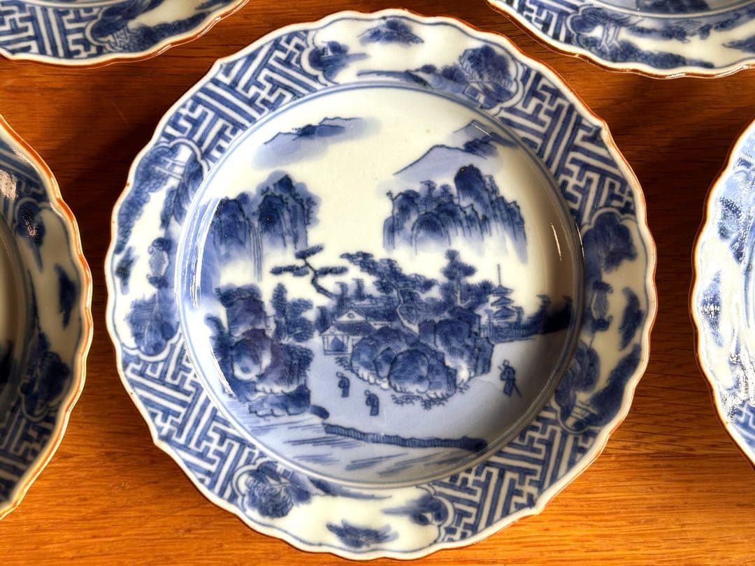 古伊万里　祥瑞　呉須　染付　山水人物紋　向付　5客セット　中皿　銘々皿