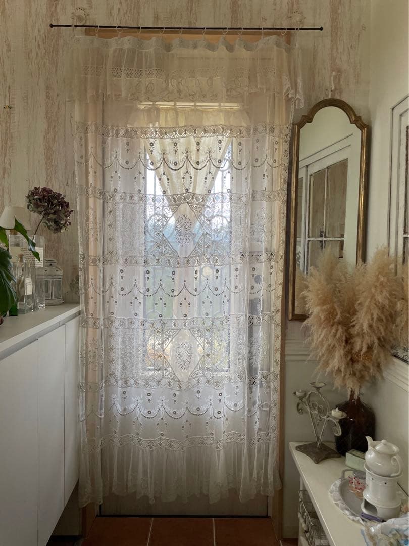 フランスアンティーク　リボンモチーフ　チュール　レース　紐付き　カーテン　間仕切