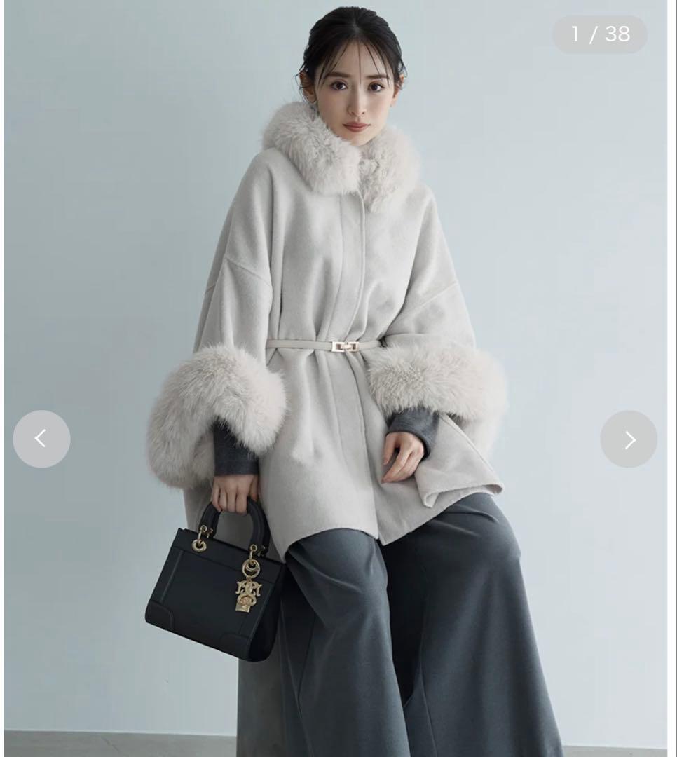 2024 ファー付きミドルケープコート アイボリー 1度のみ着用