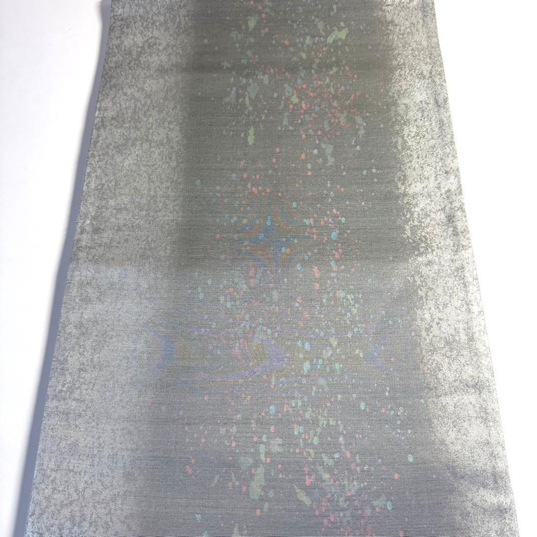 6k103 袋帯　絹　箔　銀色　青　赤　柄物　和装　着物