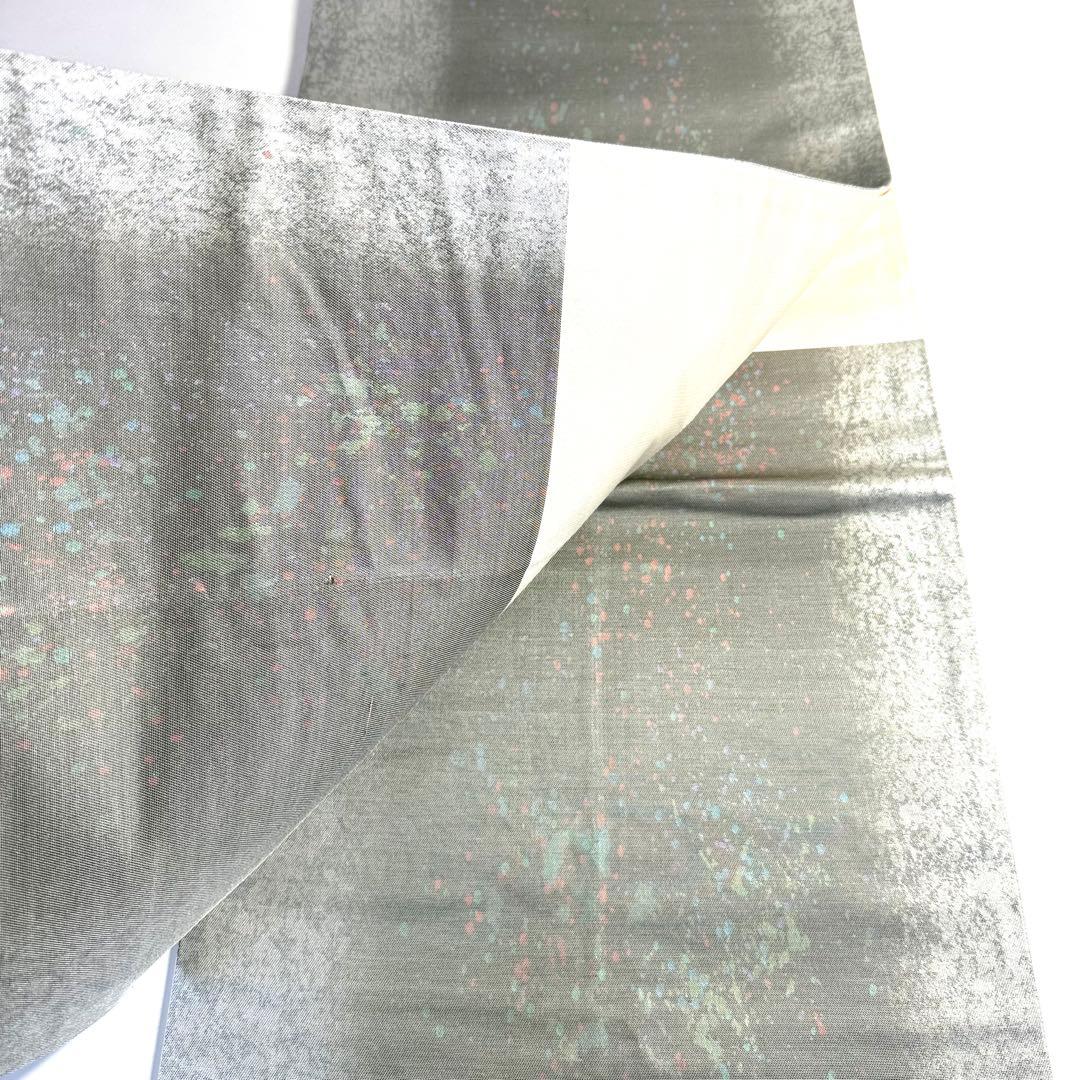 6k103 袋帯　絹　箔　銀色　青　赤　柄物　和装　着物
