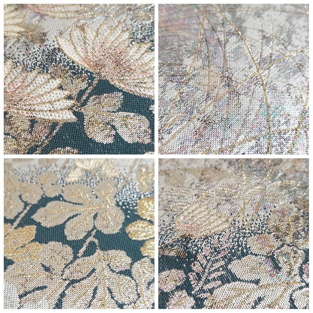 A◆着物くつろぎ 菊花模様 銀糸 青緑 引箔 六通 正絹 フォーマルな袋帯