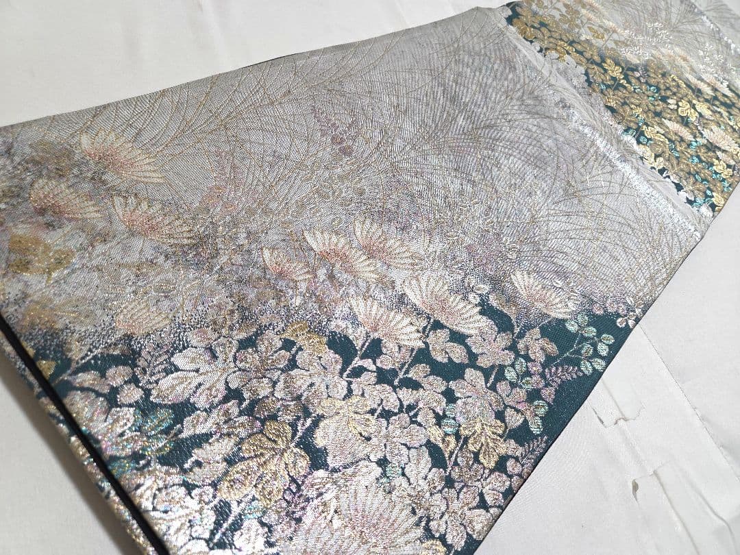 A◆着物くつろぎ 菊花模様 銀糸 青緑 引箔 六通 正絹 フォーマルな袋帯