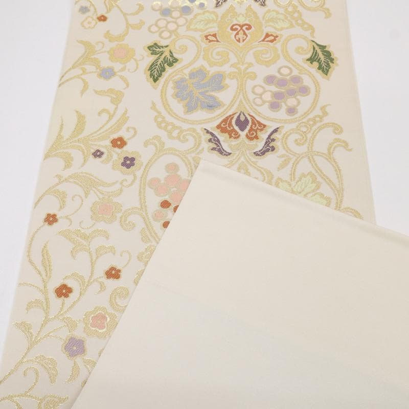 《特選豪華◆本袋帯■煌びやか葡萄唐草◆六通柄■アイボリー◆正絹着物◆FY3-4》