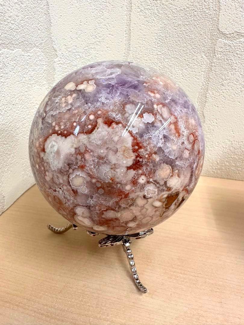 高品質　大きい！　濃いパープル、ピンク　アメジスト 虹入り　スフィア　スタンド付
