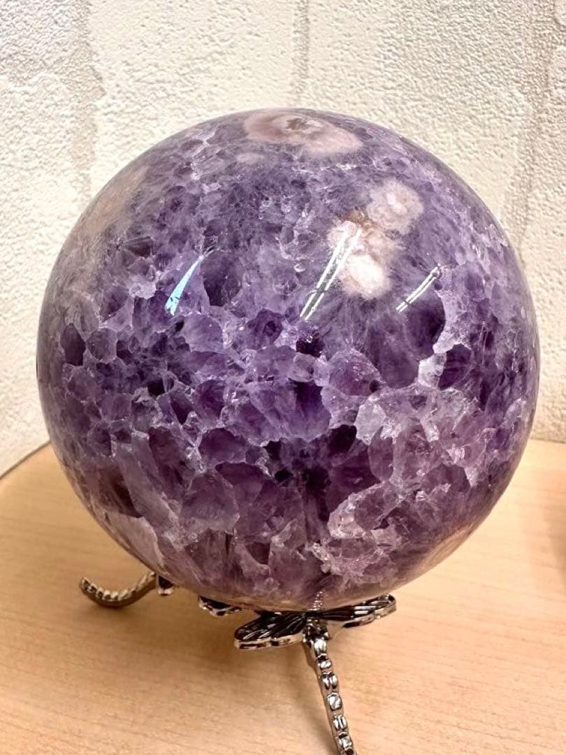 高品質　大きい！　濃いパープル、ピンク　アメジスト 虹入り　スフィア　スタンド付