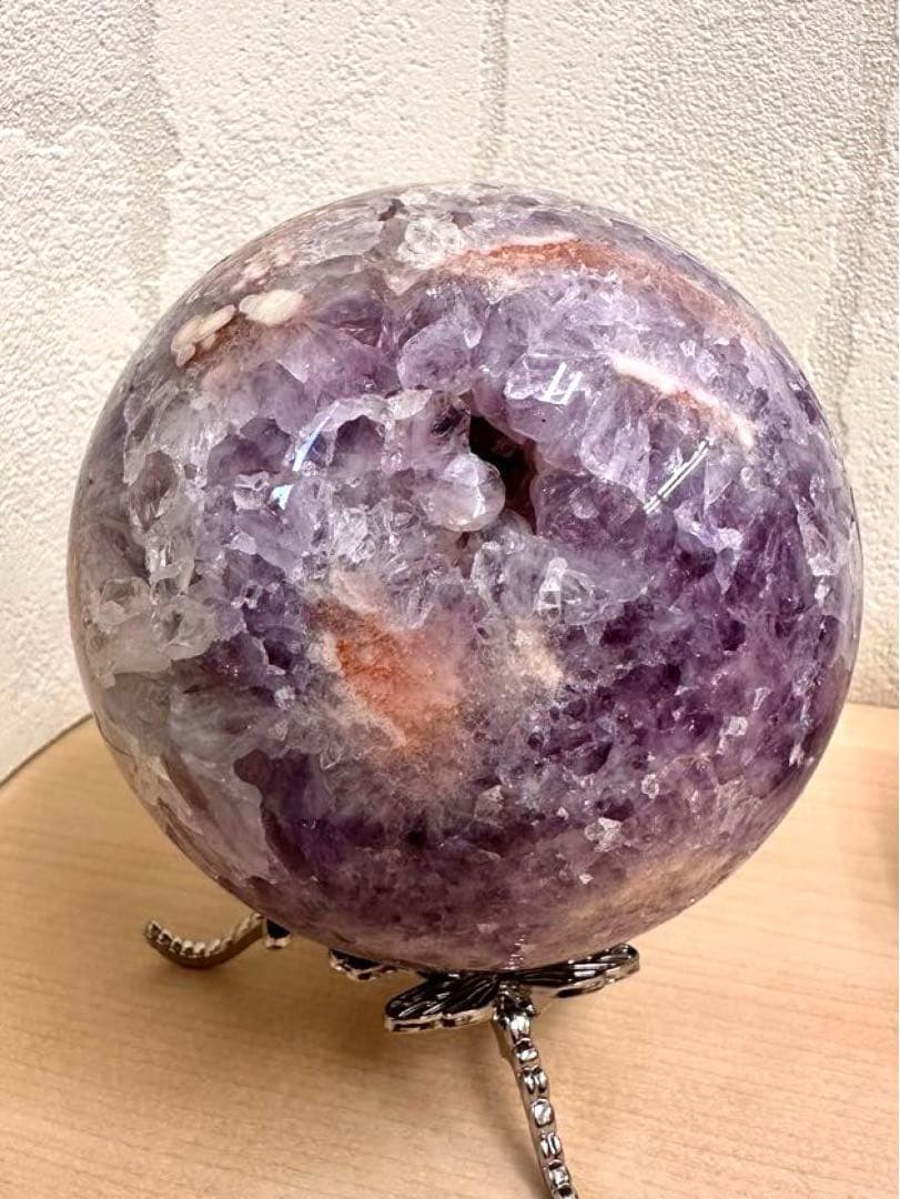 高品質　大きい！　濃いパープル、ピンク　アメジスト 虹入り　スフィア　スタンド付