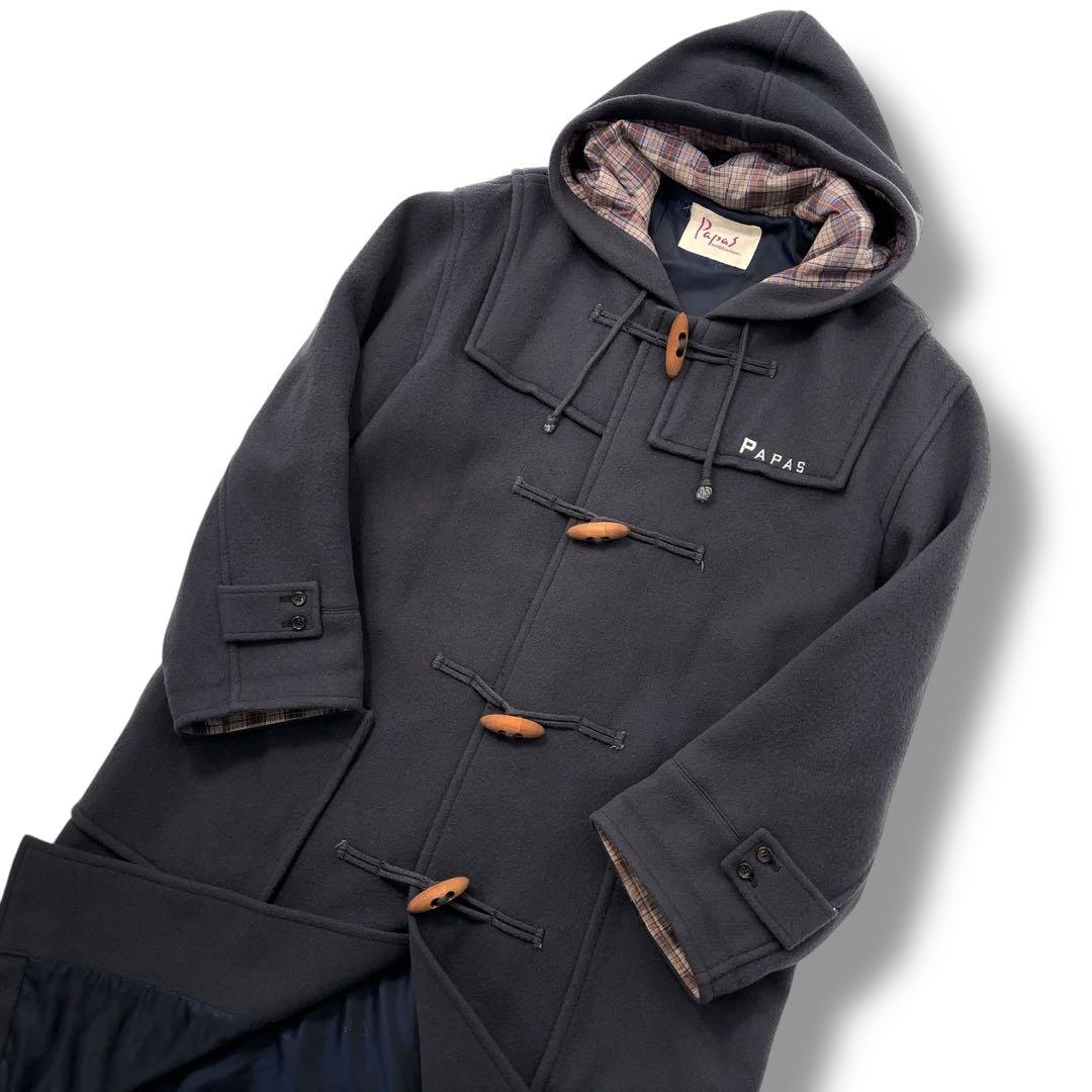【美品】PaPas パパス ダッフルコート チェック　木製トグル　ダークネイビー