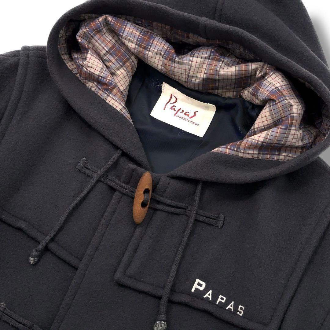 【美品】PaPas パパス ダッフルコート チェック　木製トグル　ダークネイビー