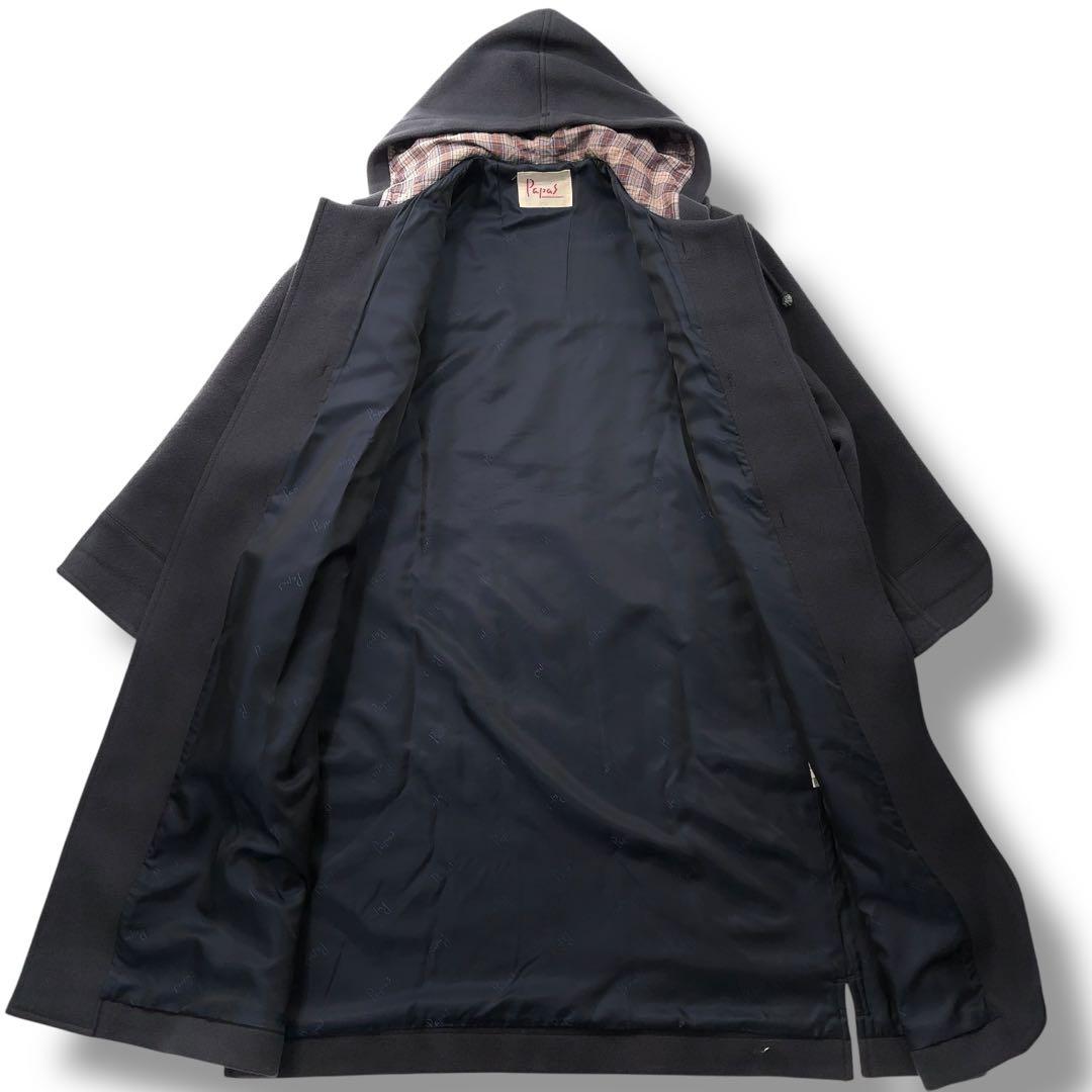 【美品】PaPas パパス ダッフルコート チェック　木製トグル　ダークネイビー