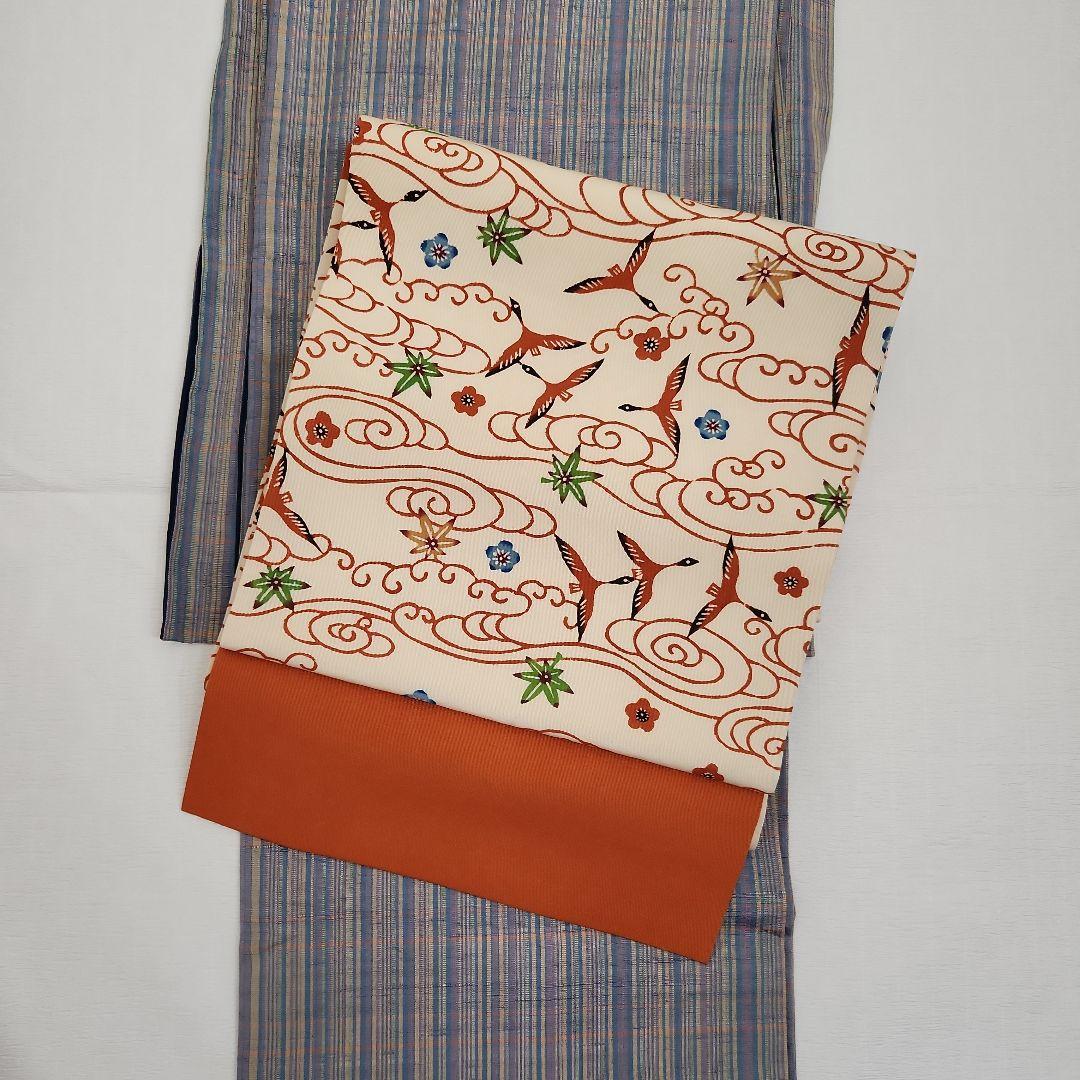 開き名古屋帯　塩瀬　染帯　九寸　紅型　雲間飛鳥文　朱色　オレンジ