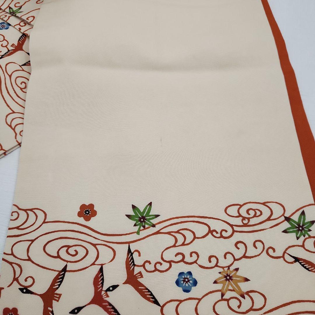 開き名古屋帯　塩瀬　染帯　九寸　紅型　雲間飛鳥文　朱色　オレンジ