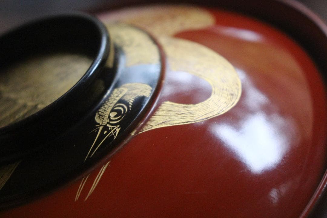 時代逸品！時代日の出塗に極上鶴沈金の映えるお椀2点（検輪島塗雑煮椀