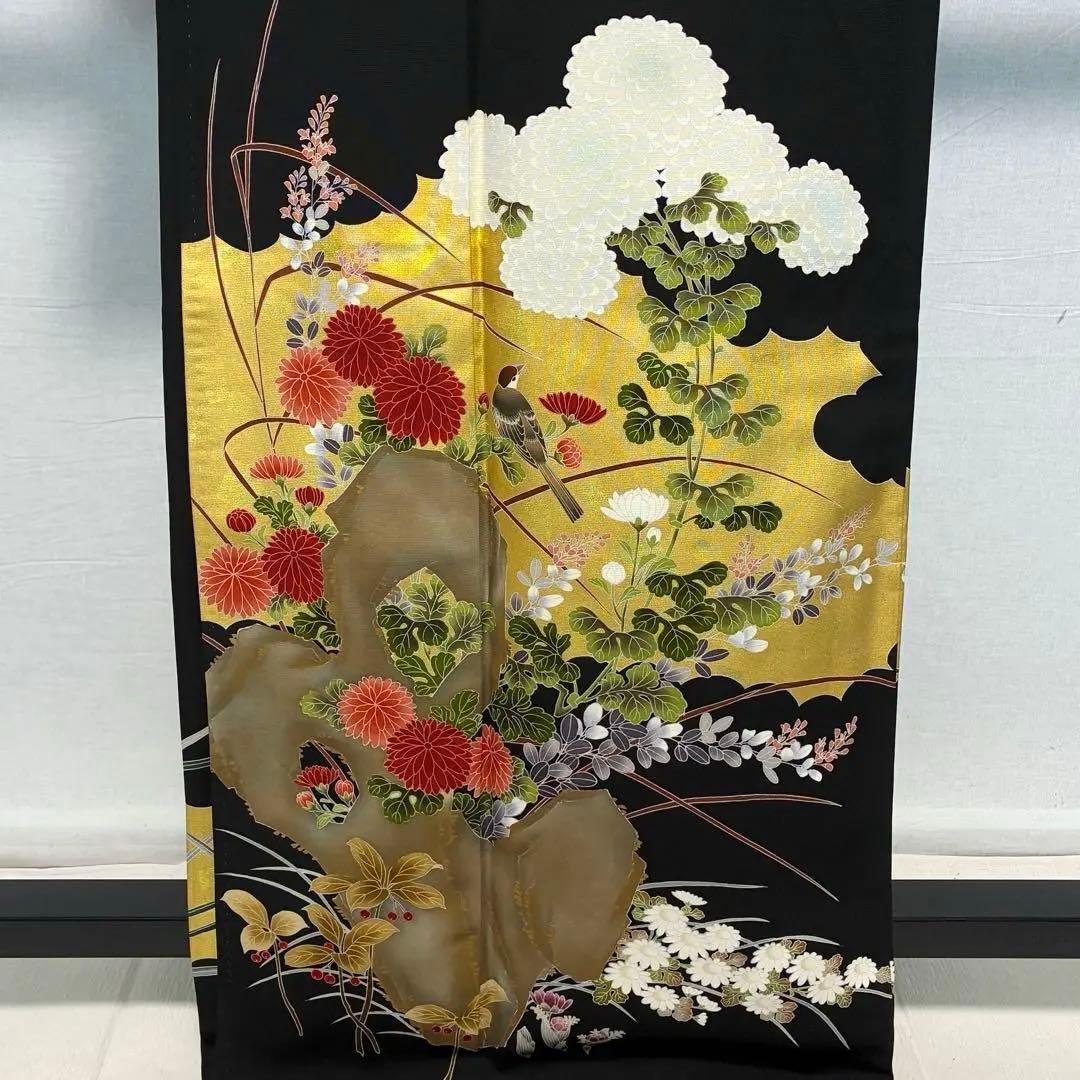 D162 黒留袖　鳥　花模様　金彩　正絹　着物　袷　未使用極美品