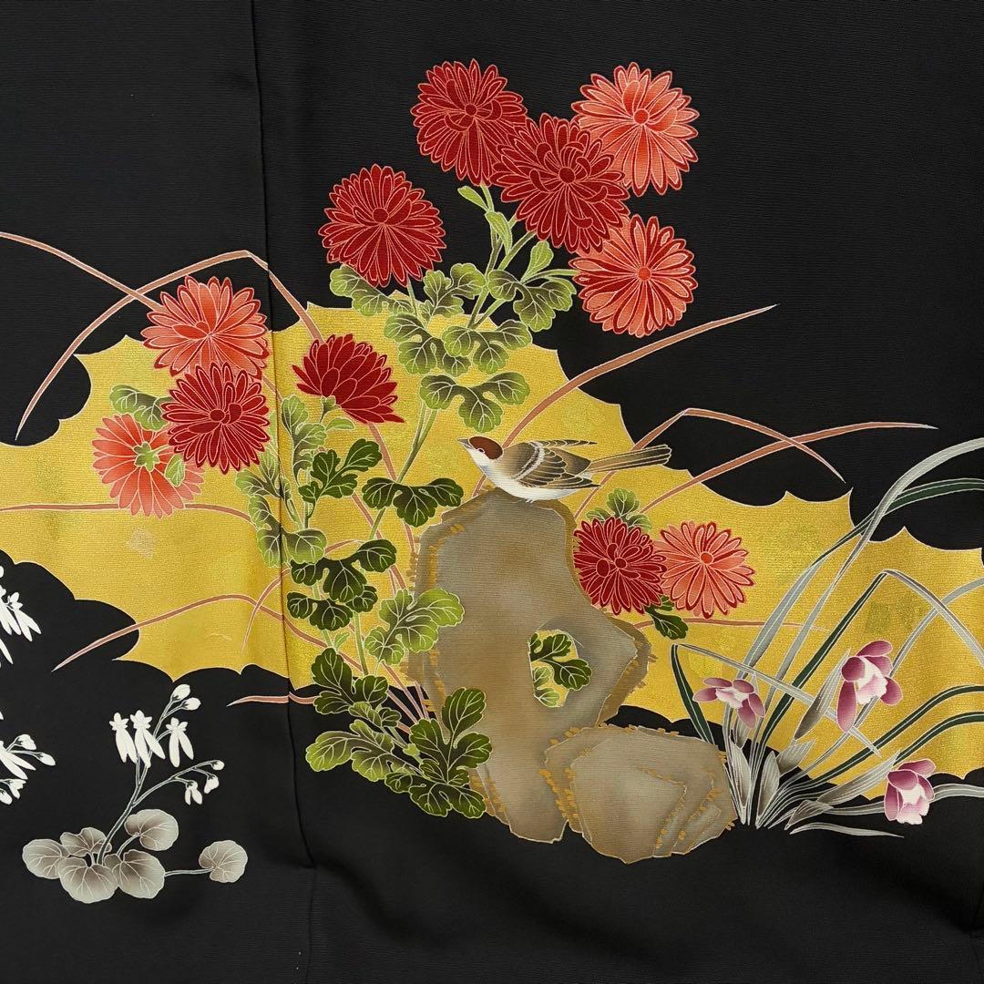 D162 黒留袖　鳥　花模様　金彩　正絹　着物　袷　未使用極美品