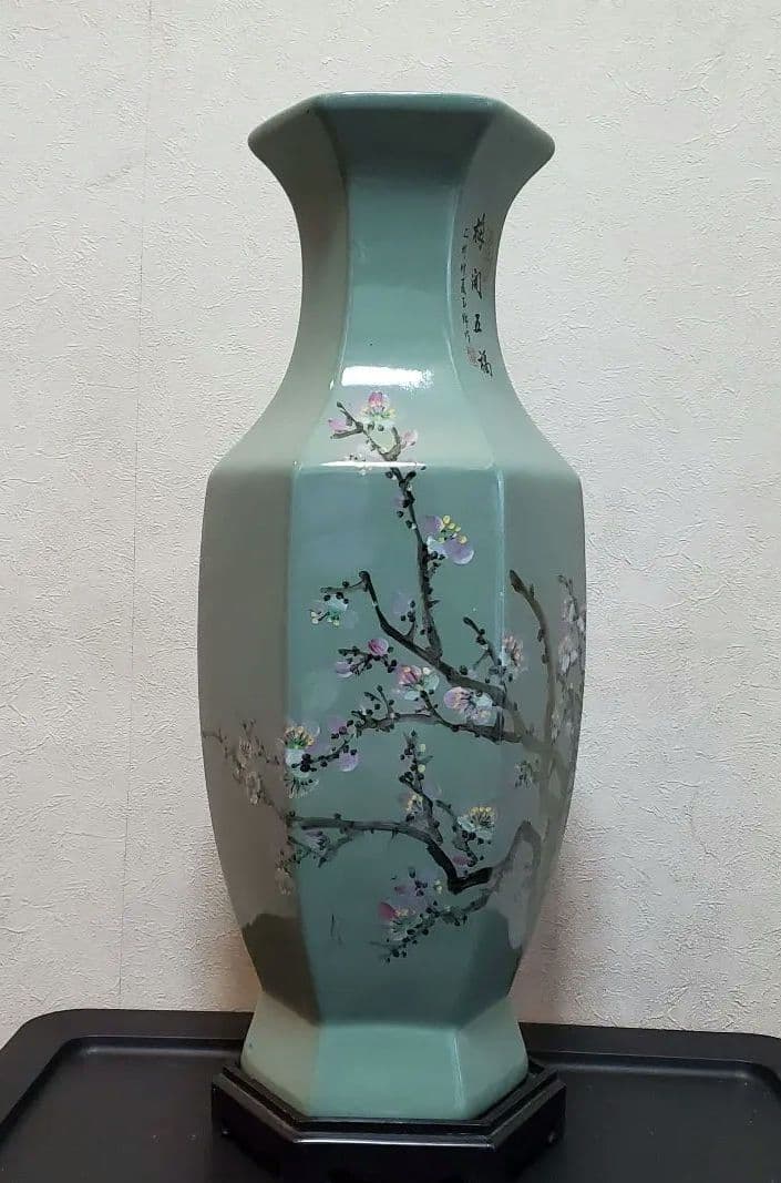 アンティーク　詳細不明　大型　 六角形　 陶器 　花瓶　梅開五福