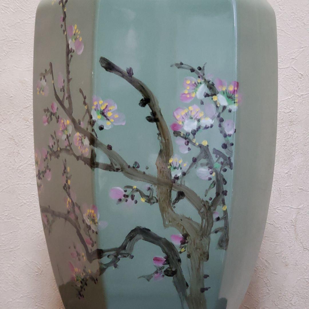 アンティーク　詳細不明　大型　 六角形　 陶器 　花瓶　梅開五福