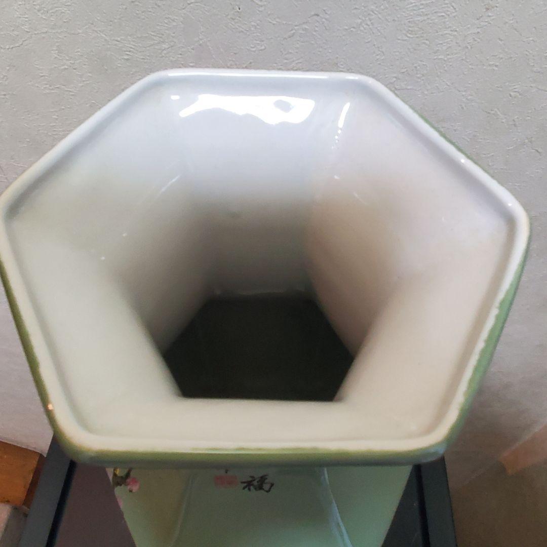 アンティーク　詳細不明　大型　 六角形　 陶器 　花瓶　梅開五福