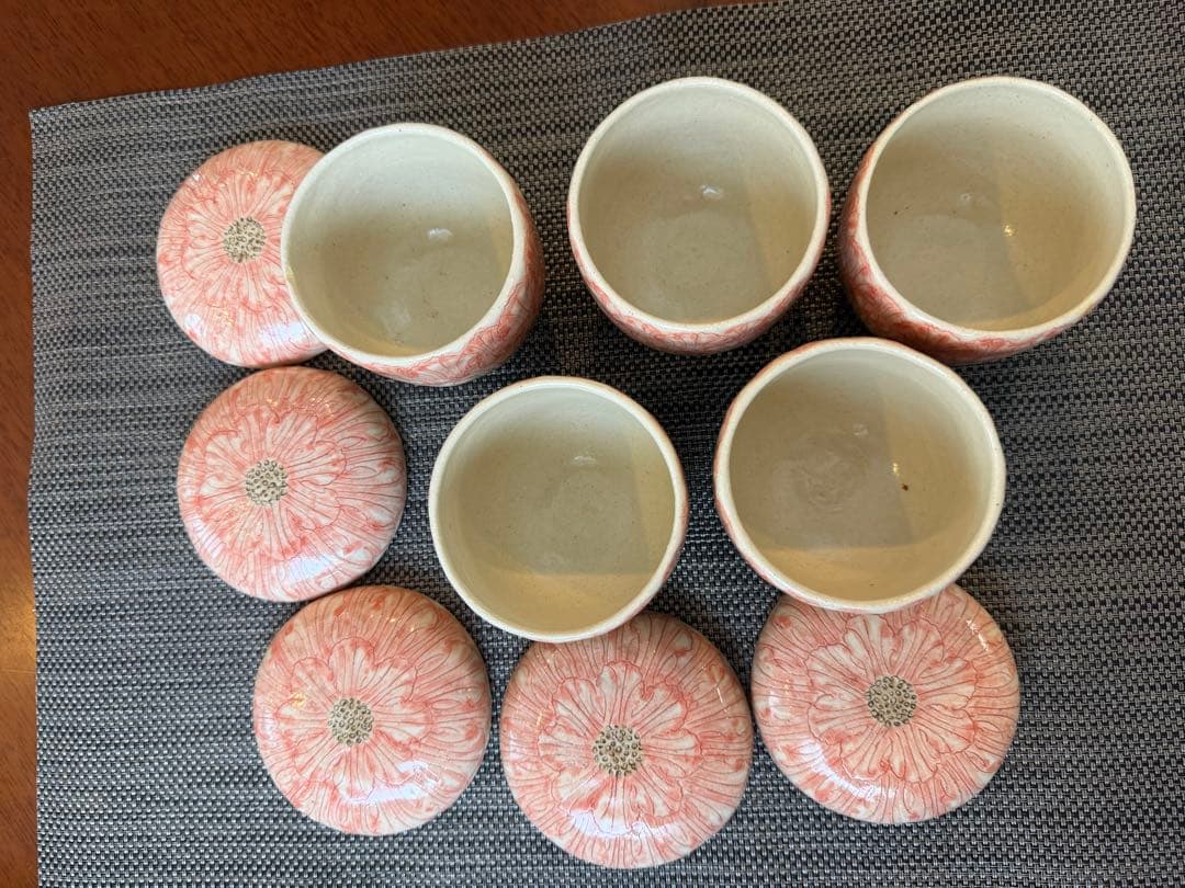 赤絵淡花茶碗蒸し 湯のみ デザート椀 5点セット器 花柄