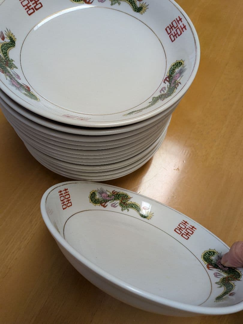 昭和レトロ/町中華/炒飯や冷し中華皿等/赤巻 三つ龍15枚セット売り/刻印あり