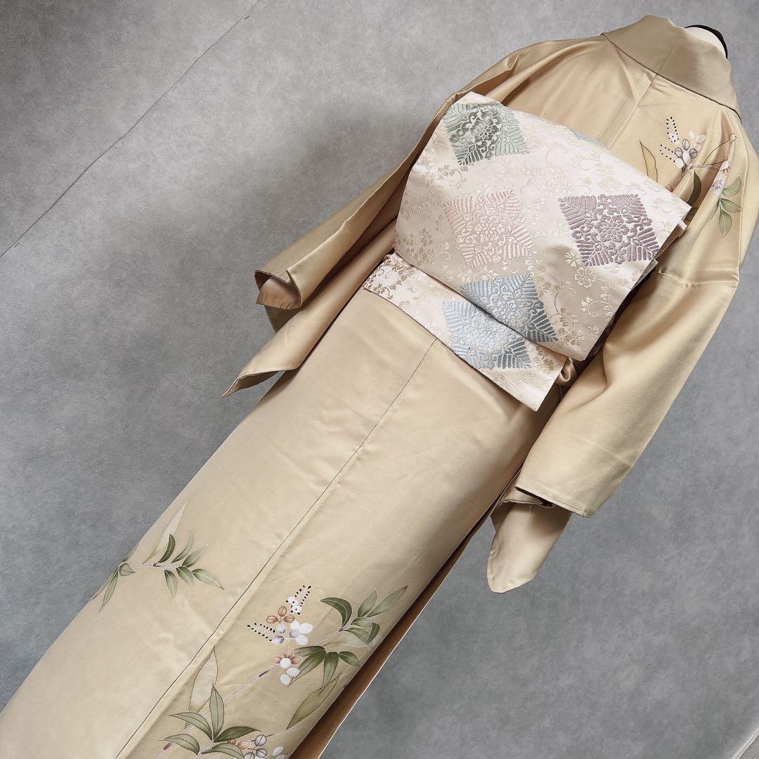 訪問着フルセット　着物　正絹　付け下げ　しつけ糸付き　手刺繍　イエロー　F8