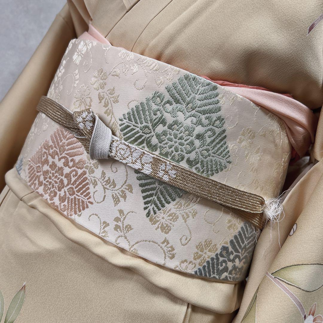 訪問着フルセット　着物　正絹　付け下げ　しつけ糸付き　手刺繍　イエロー　F8