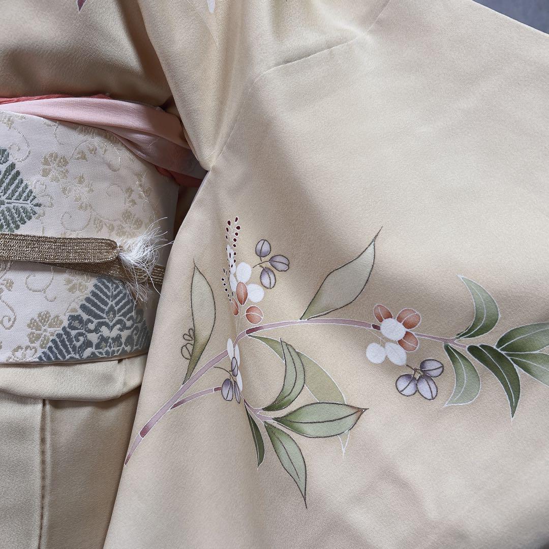 訪問着フルセット　着物　正絹　付け下げ　しつけ糸付き　手刺繍　イエロー　F8