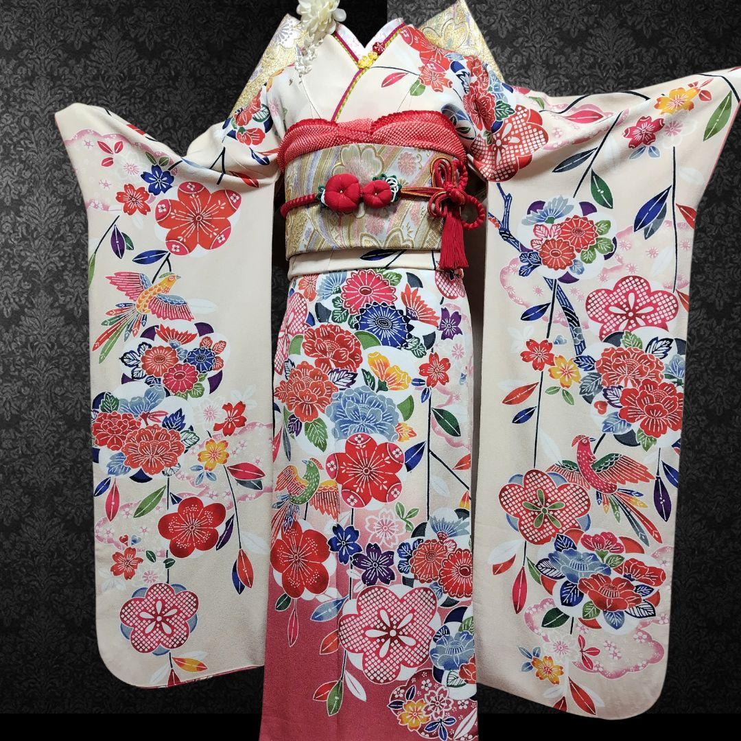 振袖フルセット(7点)・成人式・高級縮緬地・暈し染め・型染め・胴裏正絹・逸品