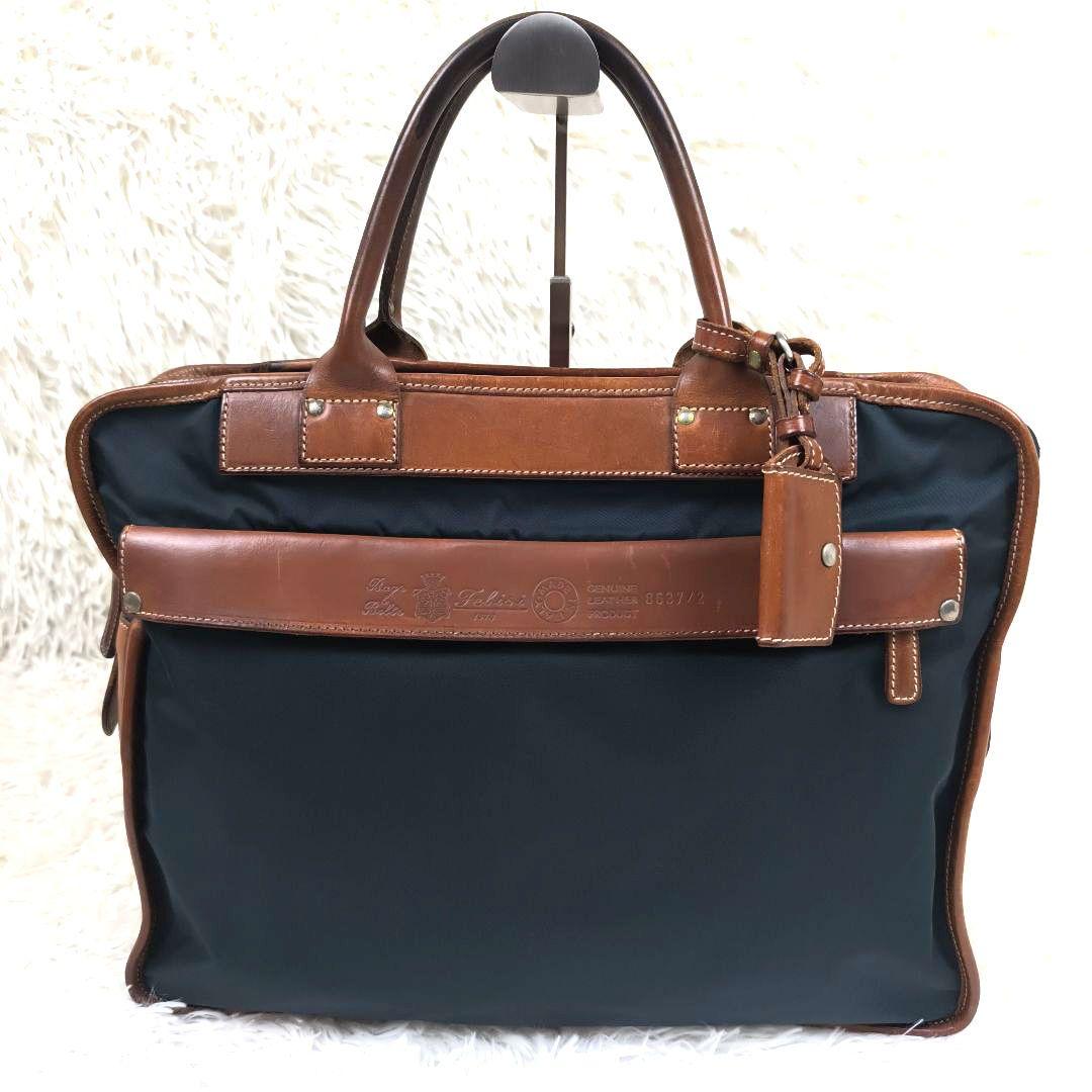 ✨美品✨ フェリージ ブリーフケース 1層 A4可 レザー ナイロン 紺茶