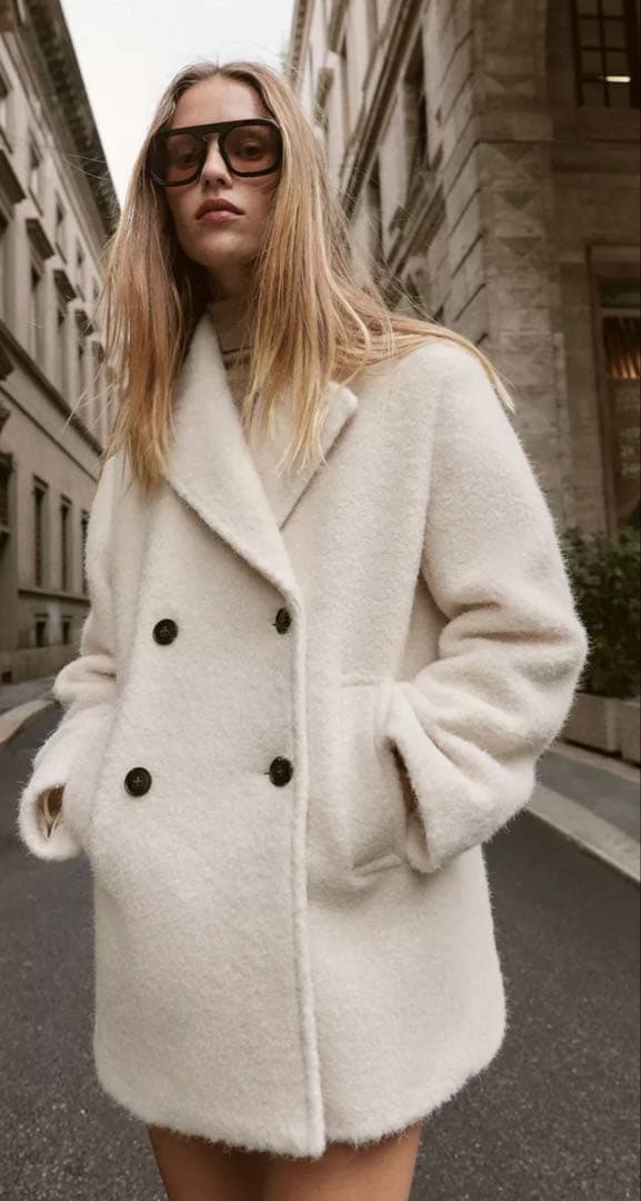 ZARA ブークレダブルブレストミディ丈コート エクリュ　XS