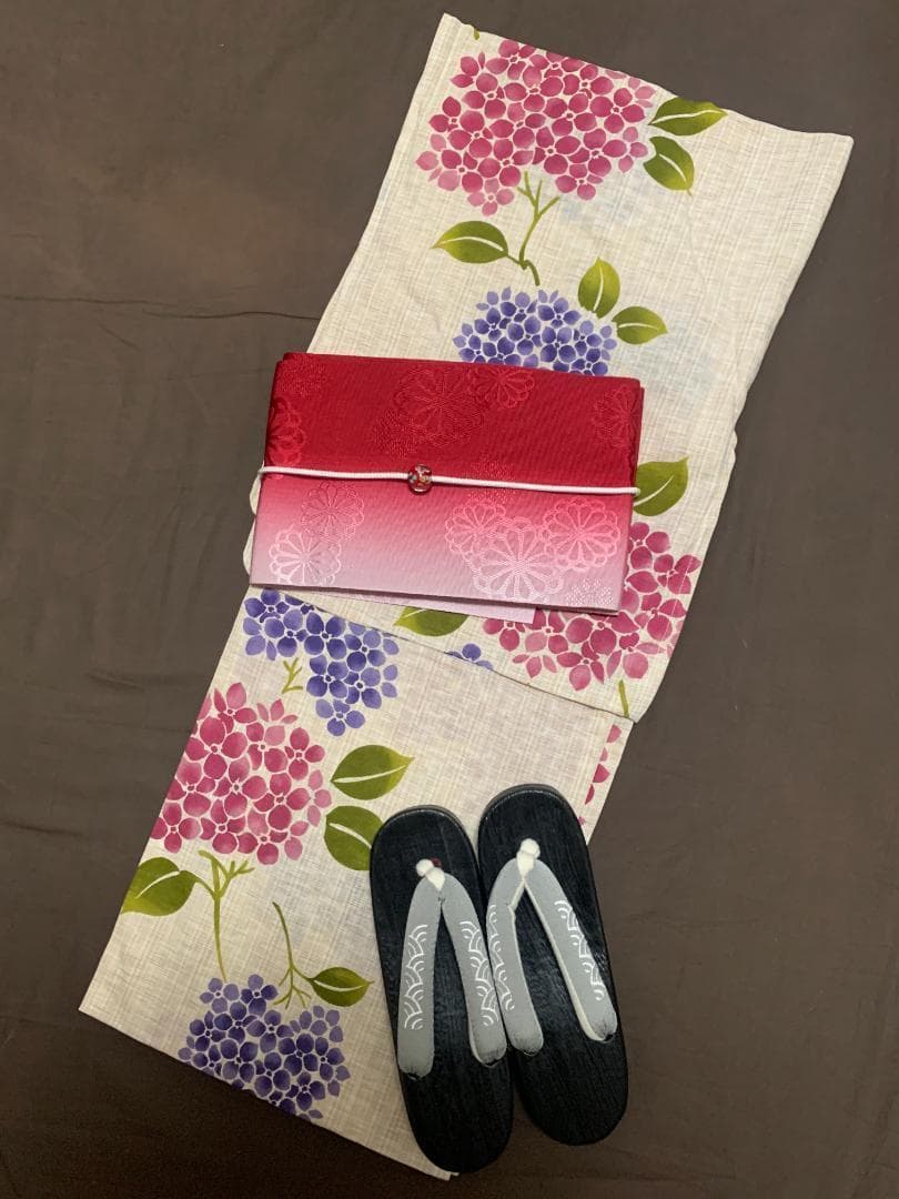 画像の帯つき◆最高級【綿麻浴衣】紫陽花（あじさい）のゆかた◆