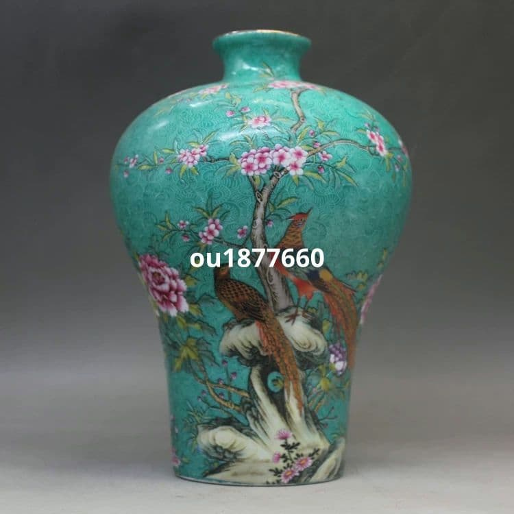 緑地琺瑯彩掻花花鳥梅瓶 景徳鎮 陶磁器 装飾品 現代工芸品 美術品 置物