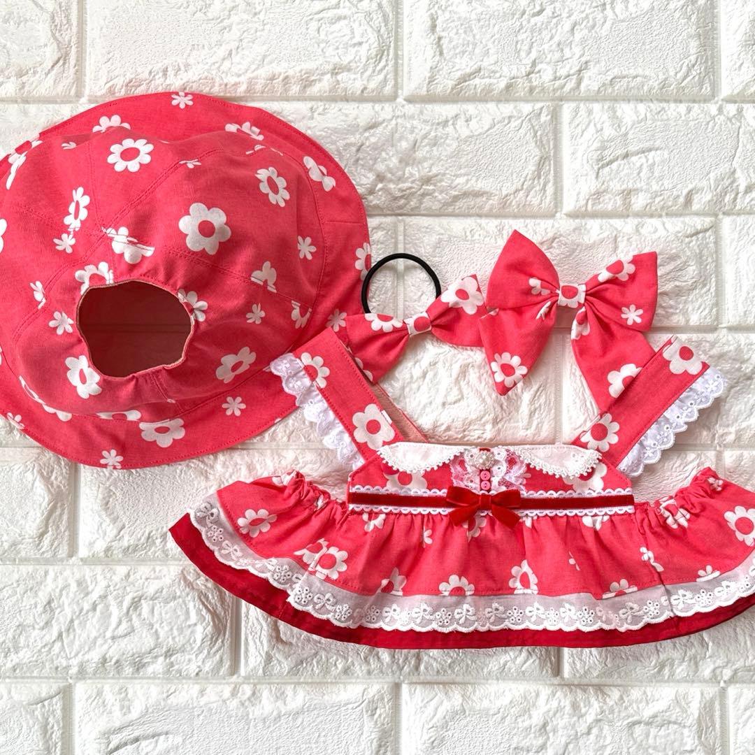 ラボット LOVOT 服 ホワイトフラワー ピンク襟付きワンピース＆帽子セット