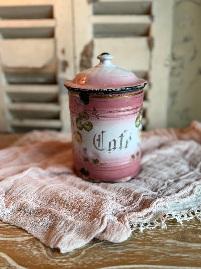 フランスアンティークホーロー激レアピンクの薔薇模様cafeキャニスター